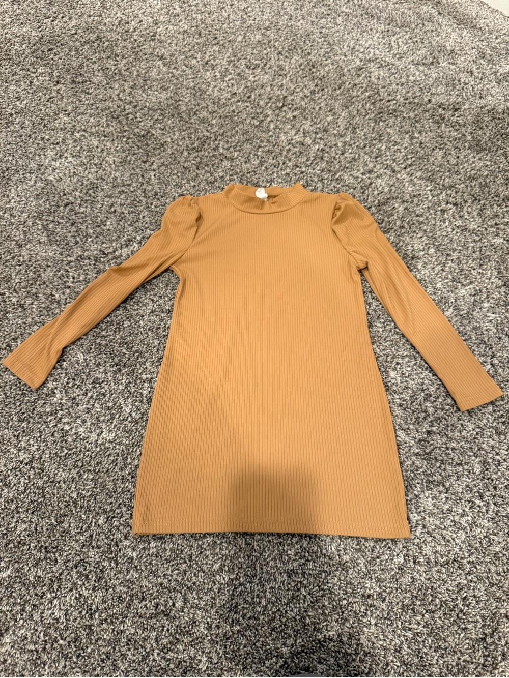 SHEIN Girls Ribbed Long Sleeve Dress Size 130 7-8 Camel Brown Puff Sleeve